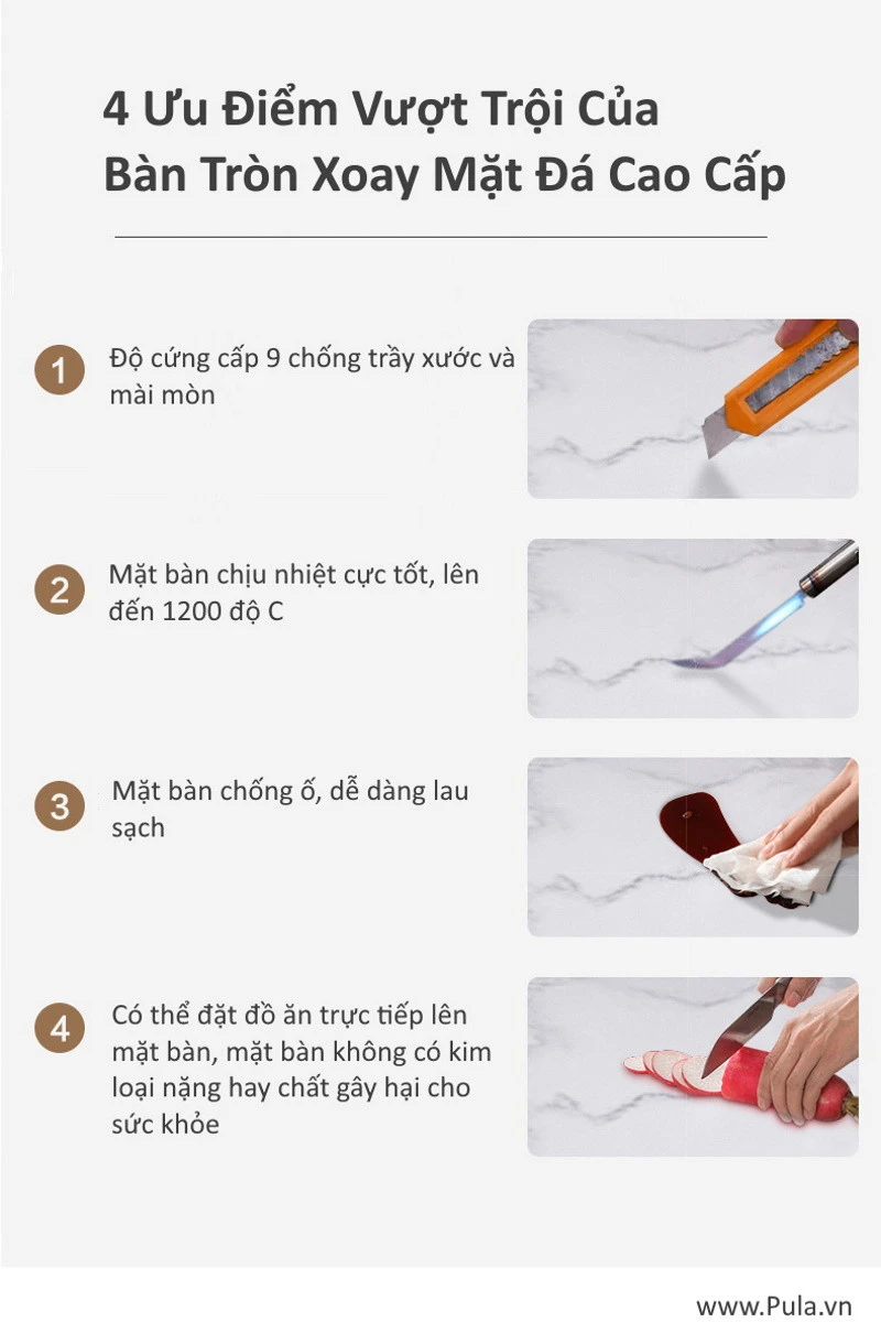 Bàn ăn tròn xoay mặt đá cao cấp Pula BA19