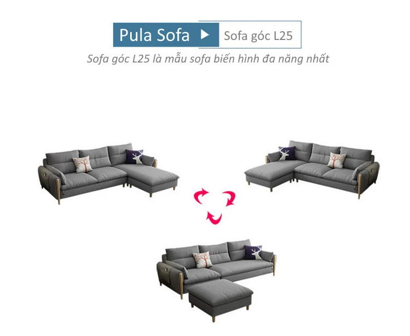 Ghế sofa góc đệm vải viền gỗ sồi L25