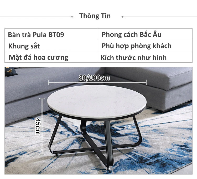 Bàn trà tròn mặt đá chân sắt Pula BT09