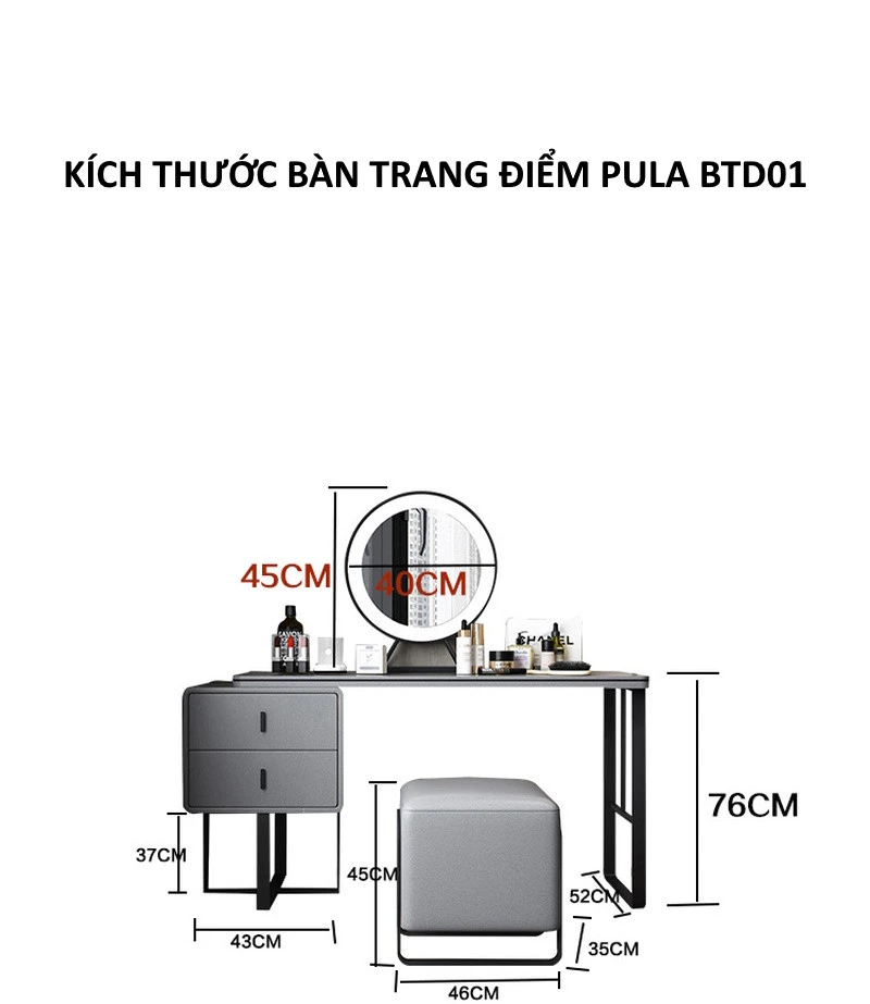 Bàn trang điểm viền da chân sắt Pula BTD01