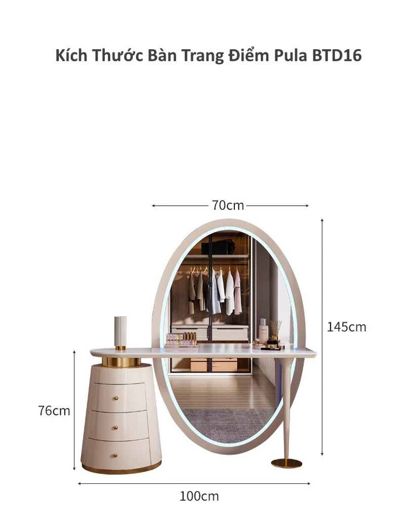 Bàn trang điểm mặt gương Oval cỡ lớn Pula BTD16