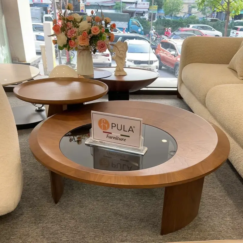 Bàn trà gỗ kết hợp với sofa nỉ be sáng vô cùng hợp