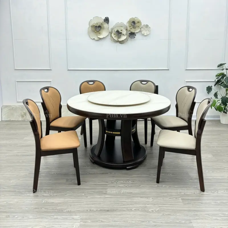 Ghế ăn nhập khẩu chân gỗ bọc da GA09 kết hợp với bàn ăn tròn 