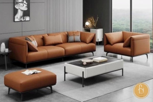 Sofa da nâu kết hợp với các phụ kiện trang trí